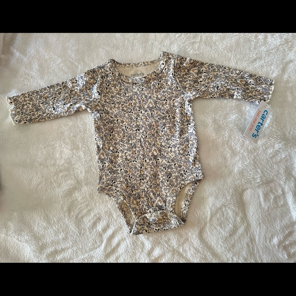 Carter's Long-Sleeve Floral One-Piece Bodysuit in Beige and Gray